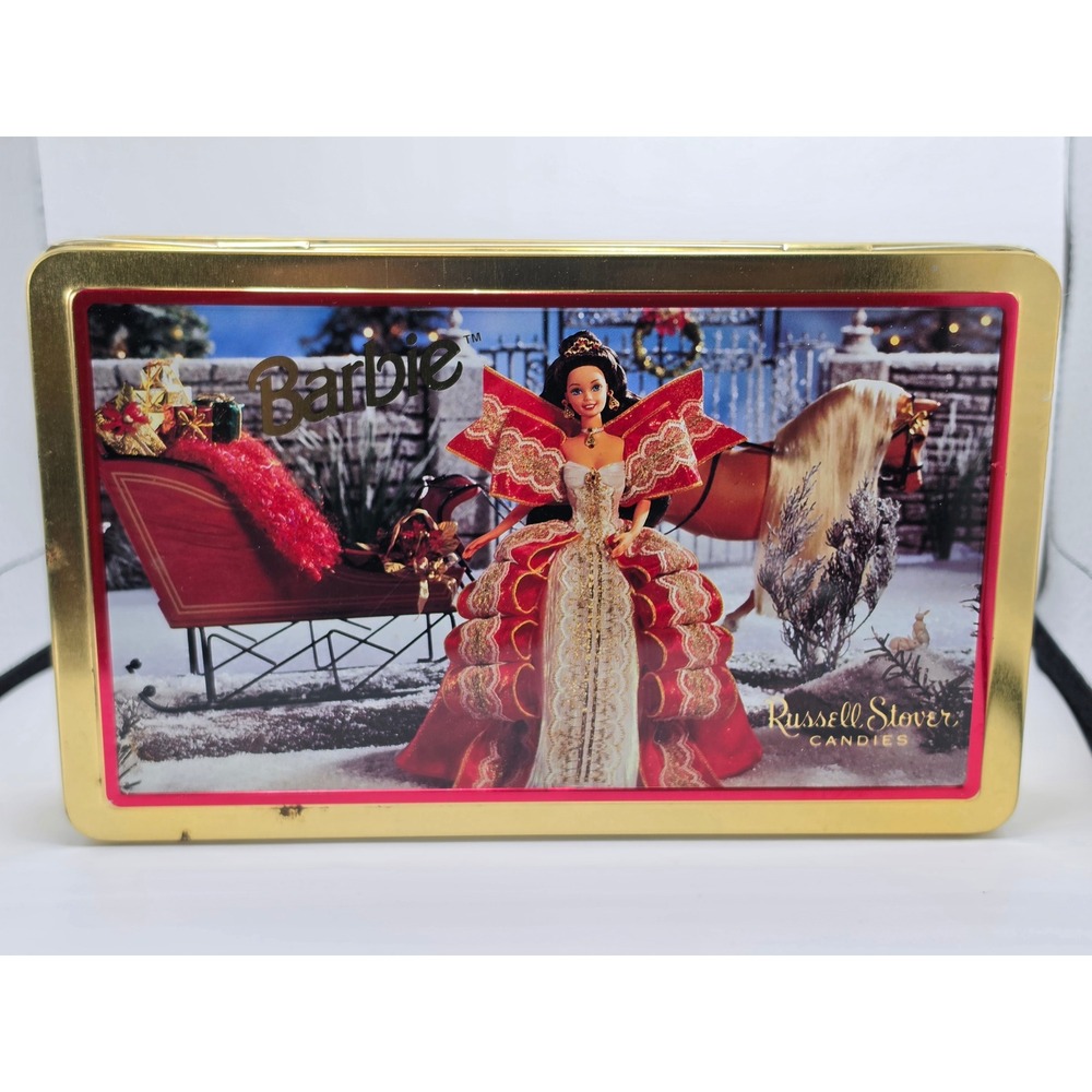 Vintage Barbie Happy Holidays 1996 Russell Stover Candies Tin Gold *Empty